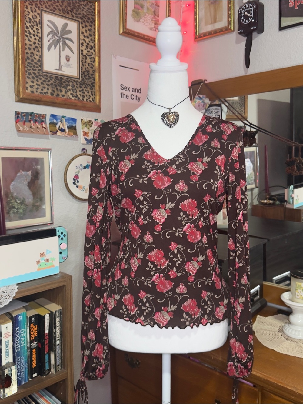 Y2K Brown Floral V-Neck Long Sleeve Top with Pink Roses - Picture 8 of 10